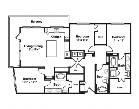Floor plan for 3 beds, 3 baths, 1601 sqft